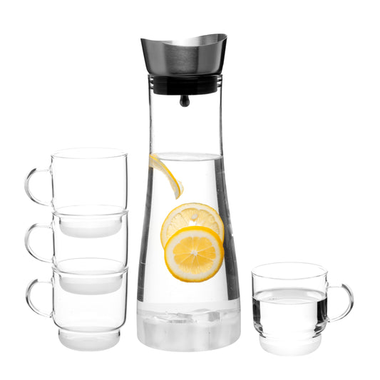 Heat resistant borosilicate glass pitcher with 4pcs single wall glass cup set.