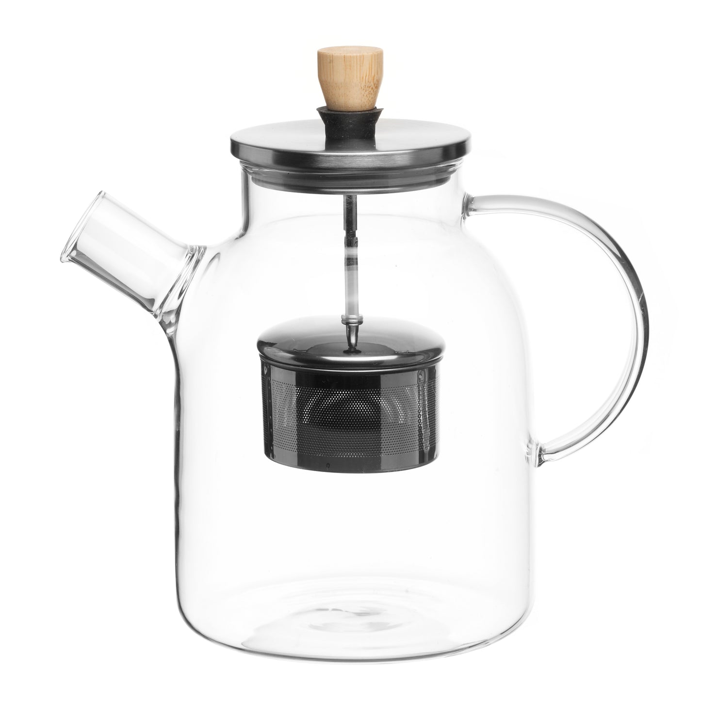 Heat resistant borosilicate glass 1.5L teapot with centered ss filter + foldable lift-up handle