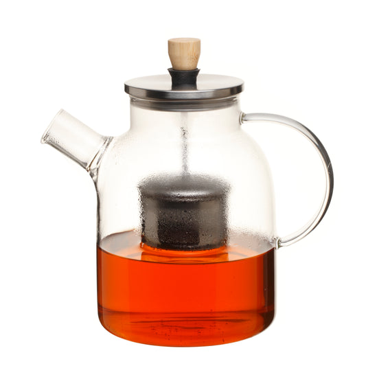 Heat resistant borosilicate glass 1.5L teapot with centered ss filter + foldable lift-up handle