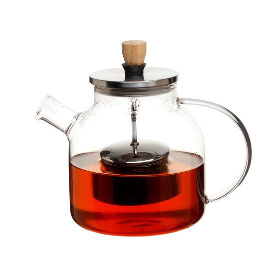 Heat resistant borosilicate glass 1L teapot with centered ss filter + foldable lift-up handle