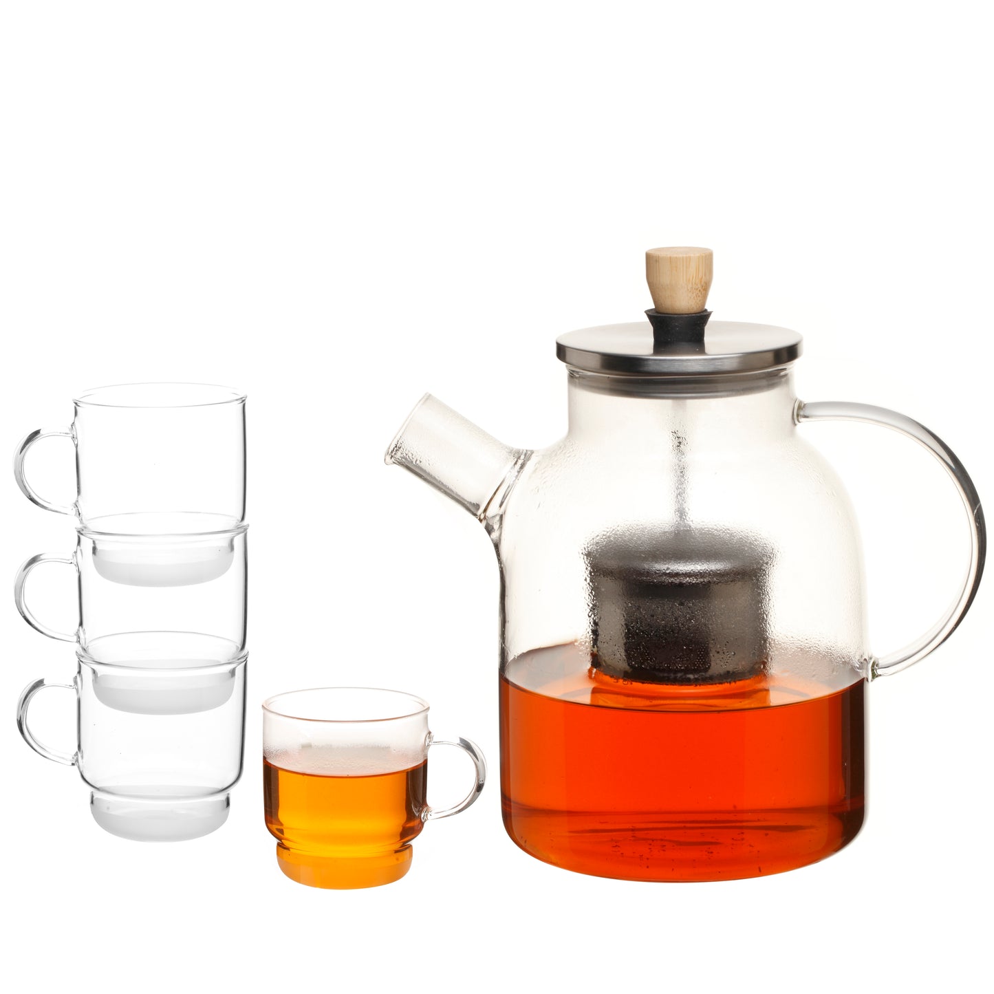 Heat resistant borosilicate glass 1.5L teapot with centered ss filter + foldable lift-up handle