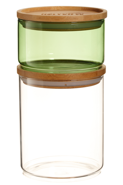 Glass storage jars set. Stackable glass jar, big clear + small color with natural wood. Small glass can be stackable on wooden.