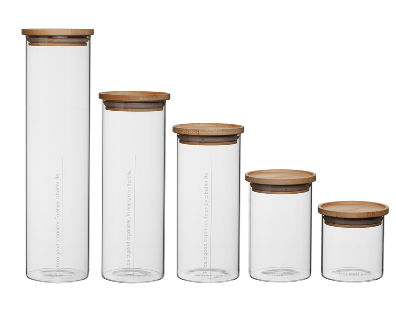 Glass storage jars set. Stackable glass jar with natural wood